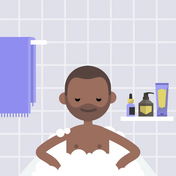 水疗护理。年轻的黑色字符说谎在浴用肥皂 — 图库矢量图片
