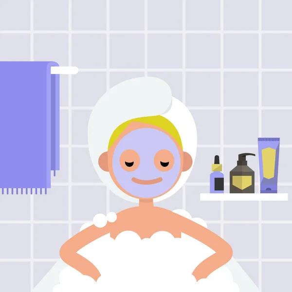 Wellness-Behandlung. junges Mädchen, das mit Seifenschaum in der Badewanne liegt. rela — Stockvektor