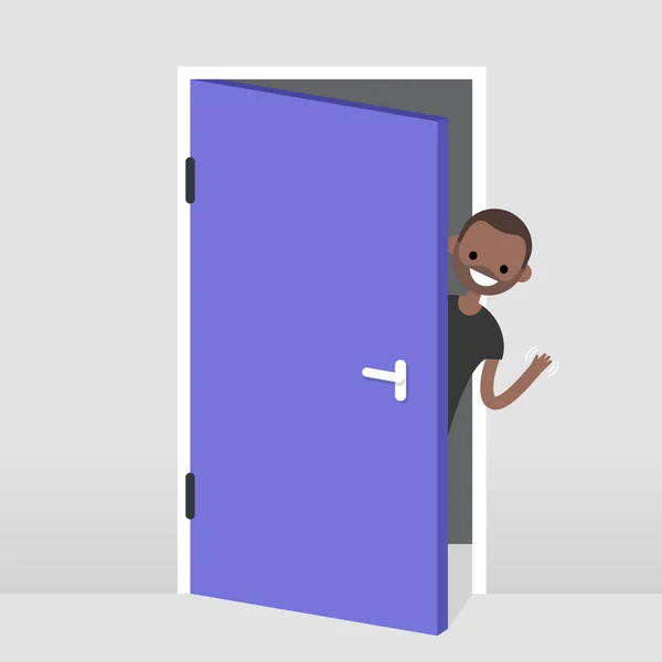 Young black character peeking out from behind the door. Hello or — Stock Vector