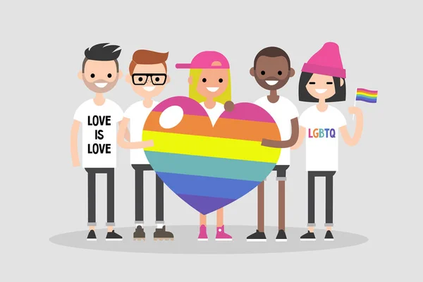 Loveparade. eine Gruppe von Menschen mit einem riesigen Regenbogenherz. lgb — Stockvektor