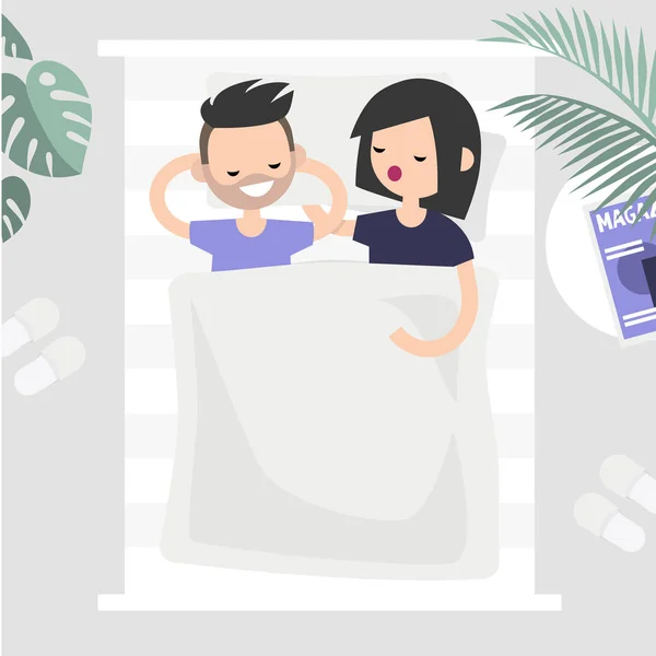 Adult relationships. Two characters sleeping together in one bed — Stock Vector