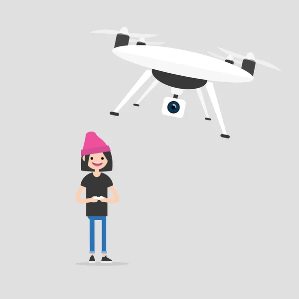 New Technologies Young Girl Controlling Drone Remote Controller Flat Editable — Stock Vector