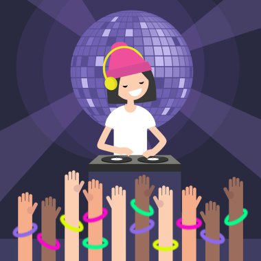 A DJ wearing headphones and scratching a record on the turntable / Party people. Disco night. Raised hands wearing neon bracelets on the dance floor. Young people having fun at the night club. clipart