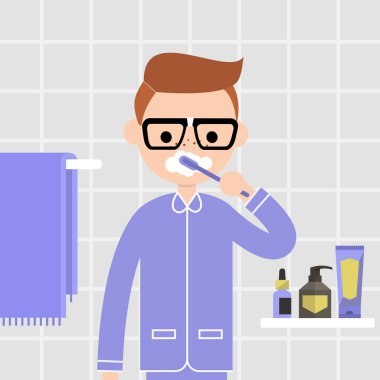 Sözel kaygı. Günlük rutin. Genç bir banyoda ayna önünde diş fırçalamaya karakter. Aile içi yaşam. Sabah hijyen. Düz vektör çizim, küçük resim. Banyo iç. Sağlıklı alışkanlıkları.