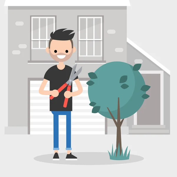 Joven Personaje Cortando Arbusto Con Una Podadora Jardinería Trabajo Estacional — Vector de stock