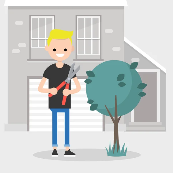 Der Junge Charakter Schneidet Einen Strauch Mit Einer Baumschere Gartenarbeit — Stockvektor