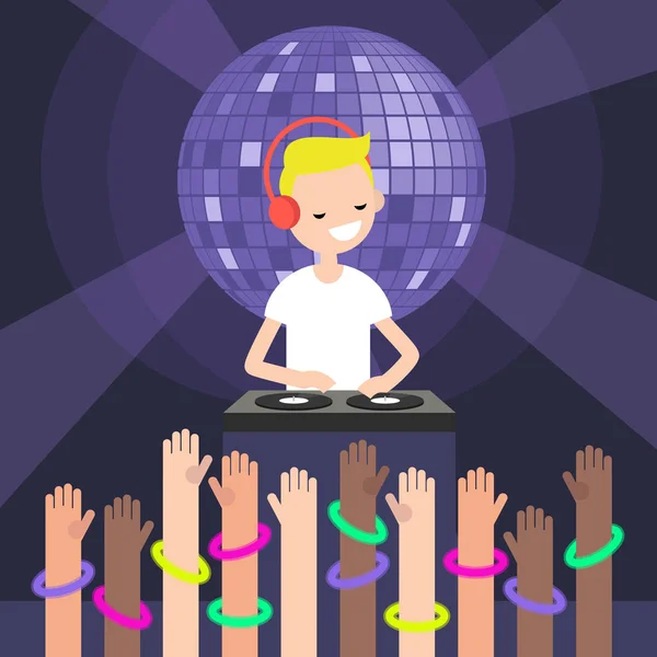 Wearing Headphones Scratching Record Turntable Party People Disco Night Raised — Stock Vector
