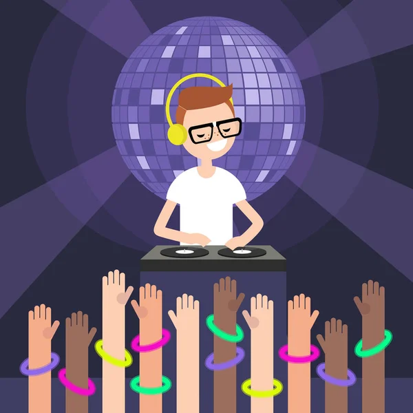 Wearing Headphones Scratching Record Turntable Party People Disco Night Raised — Stock Vector