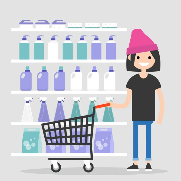 Genç Kadın Karakter Kimyasalları Süpermarkette Satın Alma Günlük Rutin Temizlik — Stok Vektör