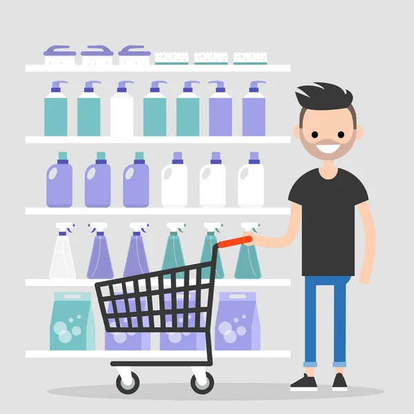 Young Character Buying Household Chemicals Supermarket Daily Routine Cleaning Products — Stock Vector