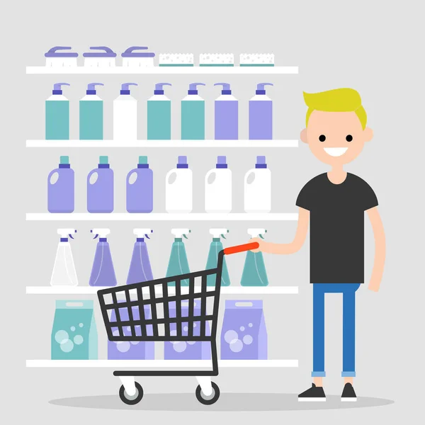 Jeune personnage achetant des produits chimiques ménagers au supermarché. D — Image vectorielle