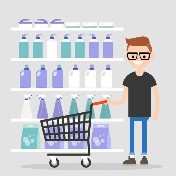 年轻的角色在超市里购买家用化学品 日常生活 清洁产品 平面可编辑的矢量插图 剪贴画 — 图库矢量图片