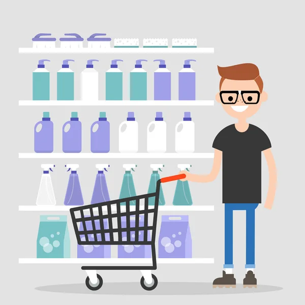 Joven Personaje Comprando Productos Químicos Domésticos Supermercado Rutina Diaria Productos — Archivo Imágenes Vectoriales