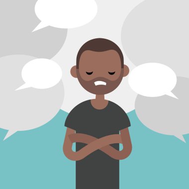 Bilgi gürültü. Söylentiler. Bitkin siyah karakter konuşma balonları ile çevrili / düz düzenlenebilir vektör resim, küçük resim