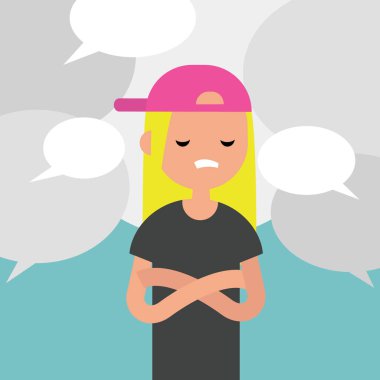 Bilgi gürültü. Söylentiler. Genç çevrili karakter bitkin 