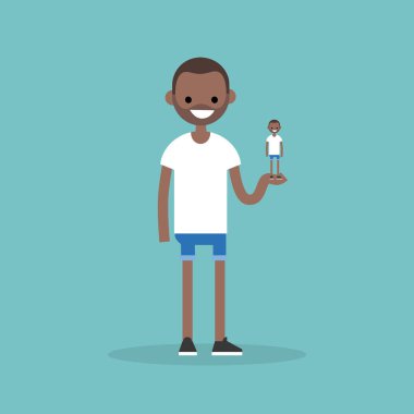 Kendini sunum. Genç karakter onun 3d modelin holding avuç / düz düzenlenebilir vektör resim, küçük resim