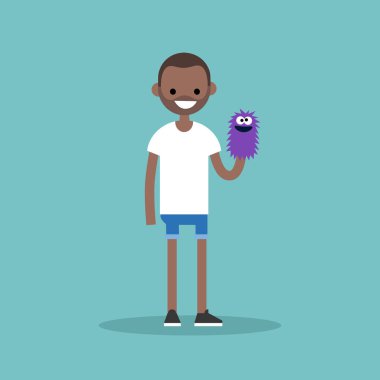 Genç karakter bir el kukla ile oynarken / düz düzenlenebilir vektör resim, küçük resim