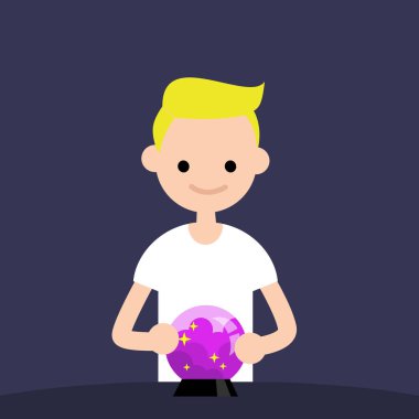 Eğilim kavramsal illüstrasyon izliyor. Genç karakter sihirli topu arıyorum. Düz düzenlenebilir vektör çizim, küçük resim