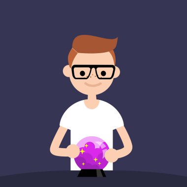 Eğilim kavramsal illüstrasyon izliyor. Genç karakter sihirli topu arıyorum. Düz düzenlenebilir vektör çizim, küçük resim