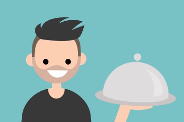 Bir cloche ile kaplıdır / düz bir tabak düzenlenebilir tutan genç bir karakter portresi vektör resim, küçük resim