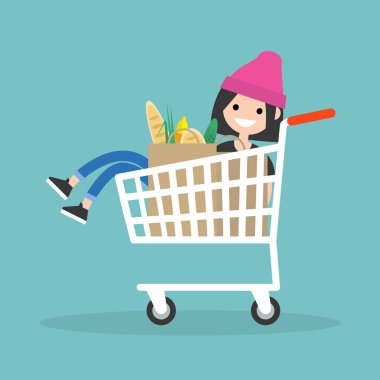 Genç kadın karakter süpermarkette dalga geçmeyi. Sürme sepeti / düz düzenlenebilir vektör resim, küçük resim