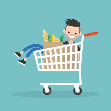 Genç karakter süpermarkette dalga geçmeyi. Sürme sepeti / düz düzenlenebilir vektör resim, küçük resim