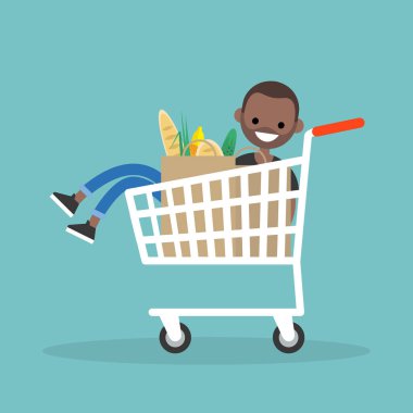 Genç siyah karakter süpermarkette dalga geçmeyi. Sürme sepeti / düz düzenlenebilir vektör resim, küçük resim