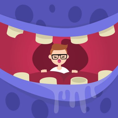 Genç karakter şaşırıp kalmış içinde yardım isteyen canavarın boğaz / düz düzenlenebilir vektör resim, küçük resim