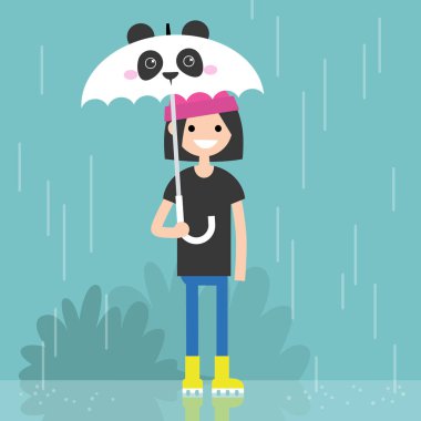 Genç kadın karakter ile panda mu bir şemsiye tutan gülümseyerek
