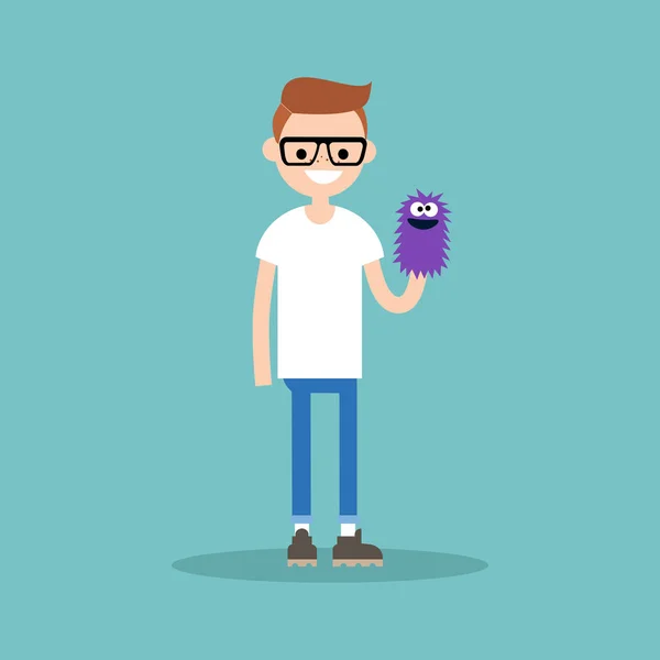 Personaje Joven Jugando Con Títere Mano Ilustración Plana Vector Editable — Archivo Imágenes Vectoriales