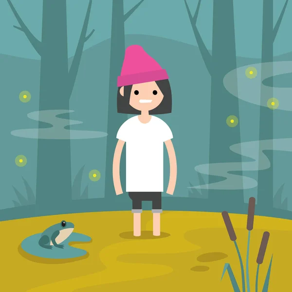 年轻的女性角色卡在沼泽或平的可编辑的向量例证 剪贴画 — 图库矢量图片