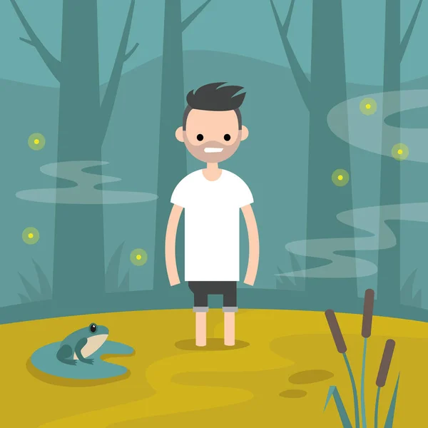 Personaje Joven Atrapado Pantano Plano Editable Vector Ilustración Clip Art — Vector de stock