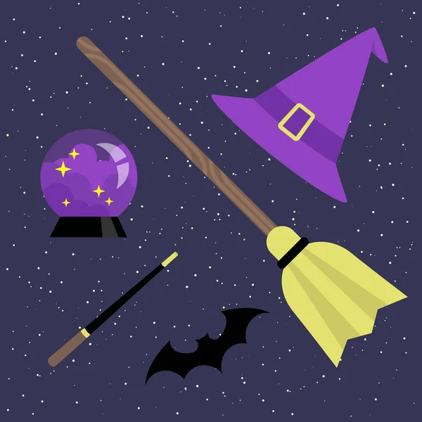 Witch Set Broomstick Hat Magic Ball Bat Magic Wand Flat — Stock Vector