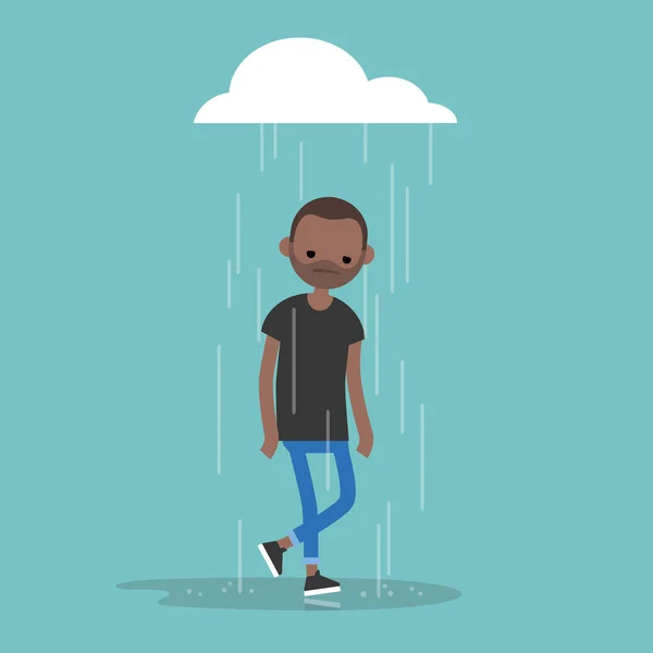 Young Black Character Weeping Rain Flat Editable Vector Illustration Clip — Stock Vector