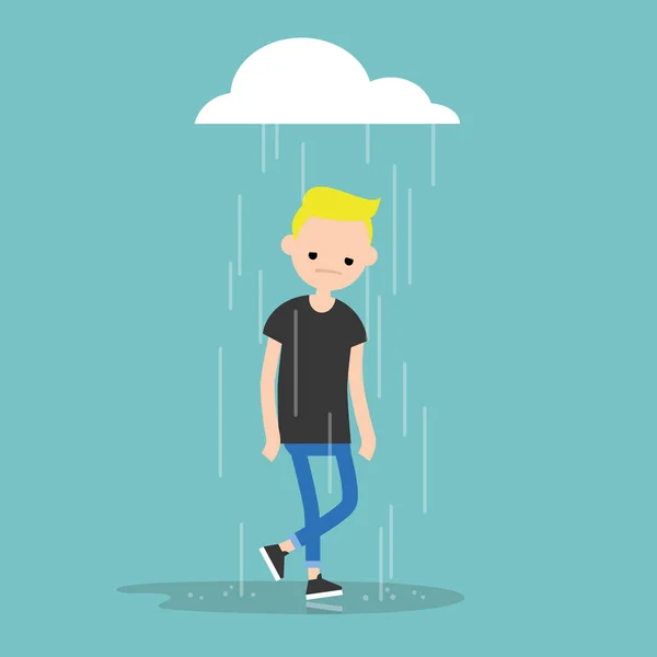 Young character weeping in the rain / flat editable vector illus — Stock Vector