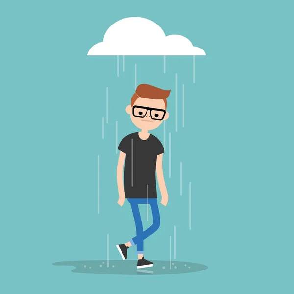 Young Character Weeping Rain Flat Editable Vector Illustration Clip Art — Stock Vector