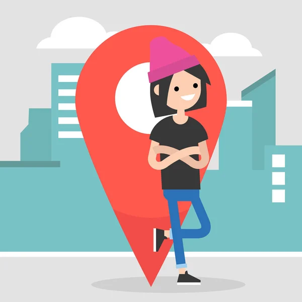 Helyét Pin Kódot Navigálás Városban Fiatal Női Karakter Ferde Piros — Stock Vector