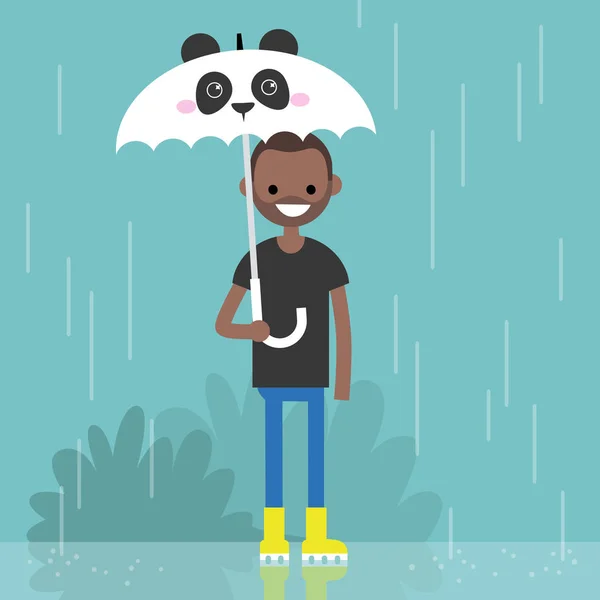 Young smiling black character holding an umbrella with panda muz — Stock Vector