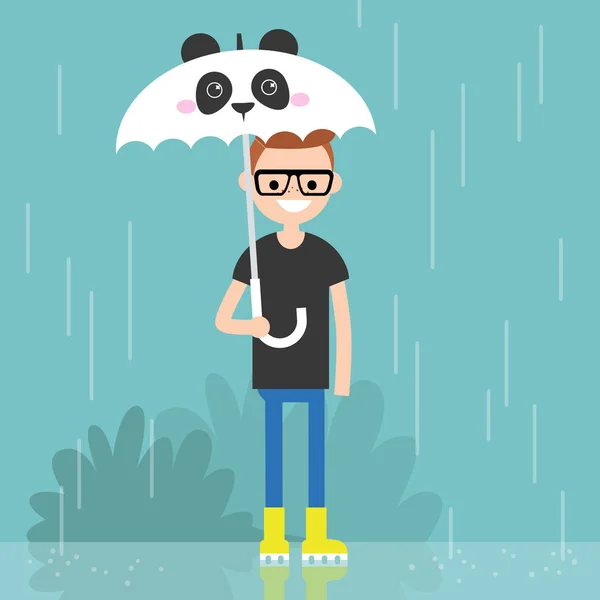 Young Smiling Character Holding Umbrella Panda Muzzle Flat Editable Vector — Stock Vector