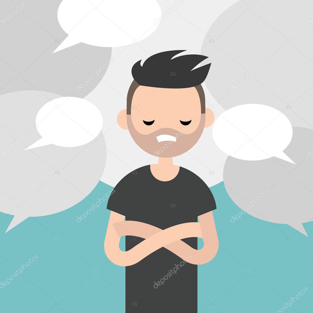 Information noise. Rumors. Young exhausted character surrounded by speech bubbles / flat editable vector illustration, clip art