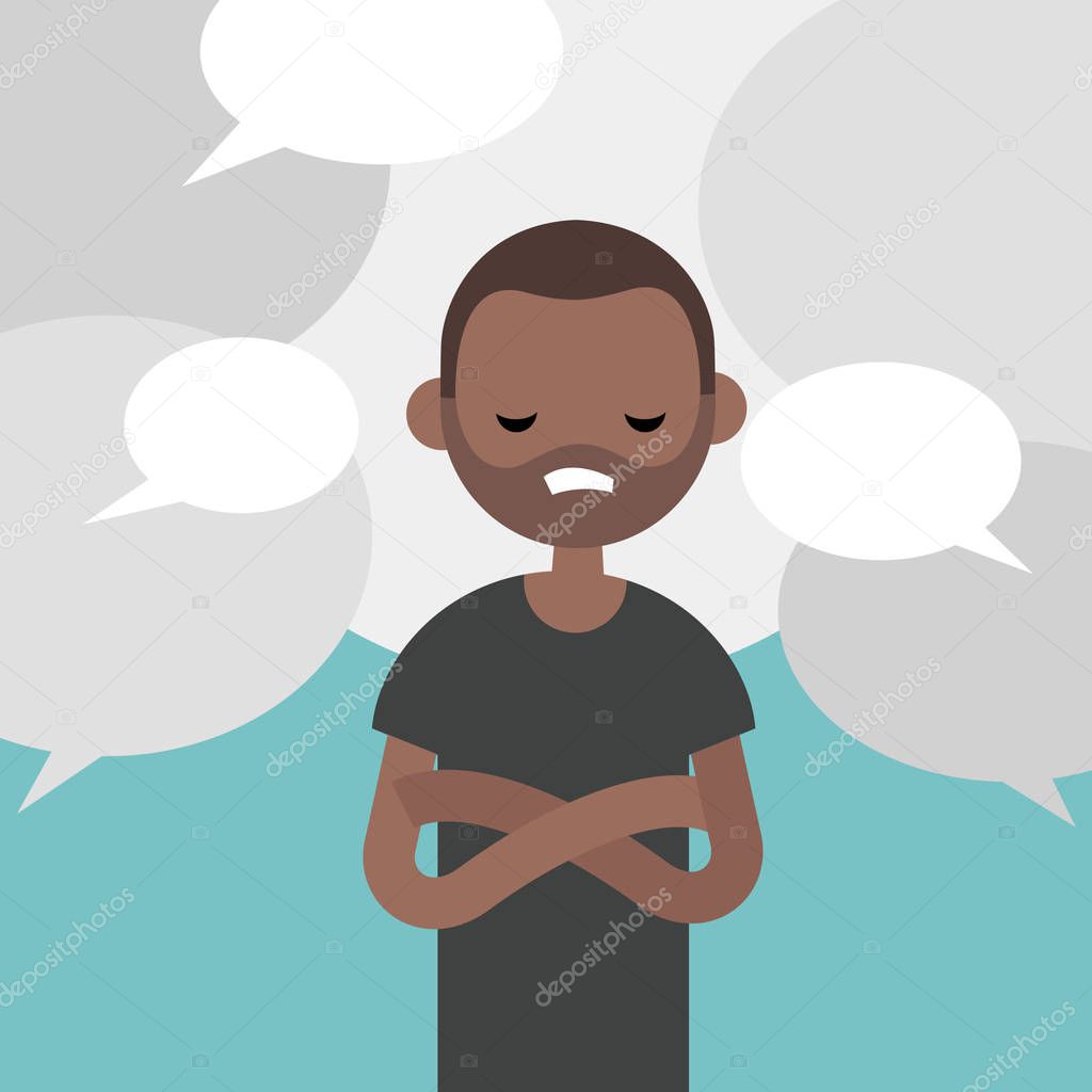Information noise. Rumors. Exhausted black character surrounded by speech bubbles / flat editable vector illustration, clip art
