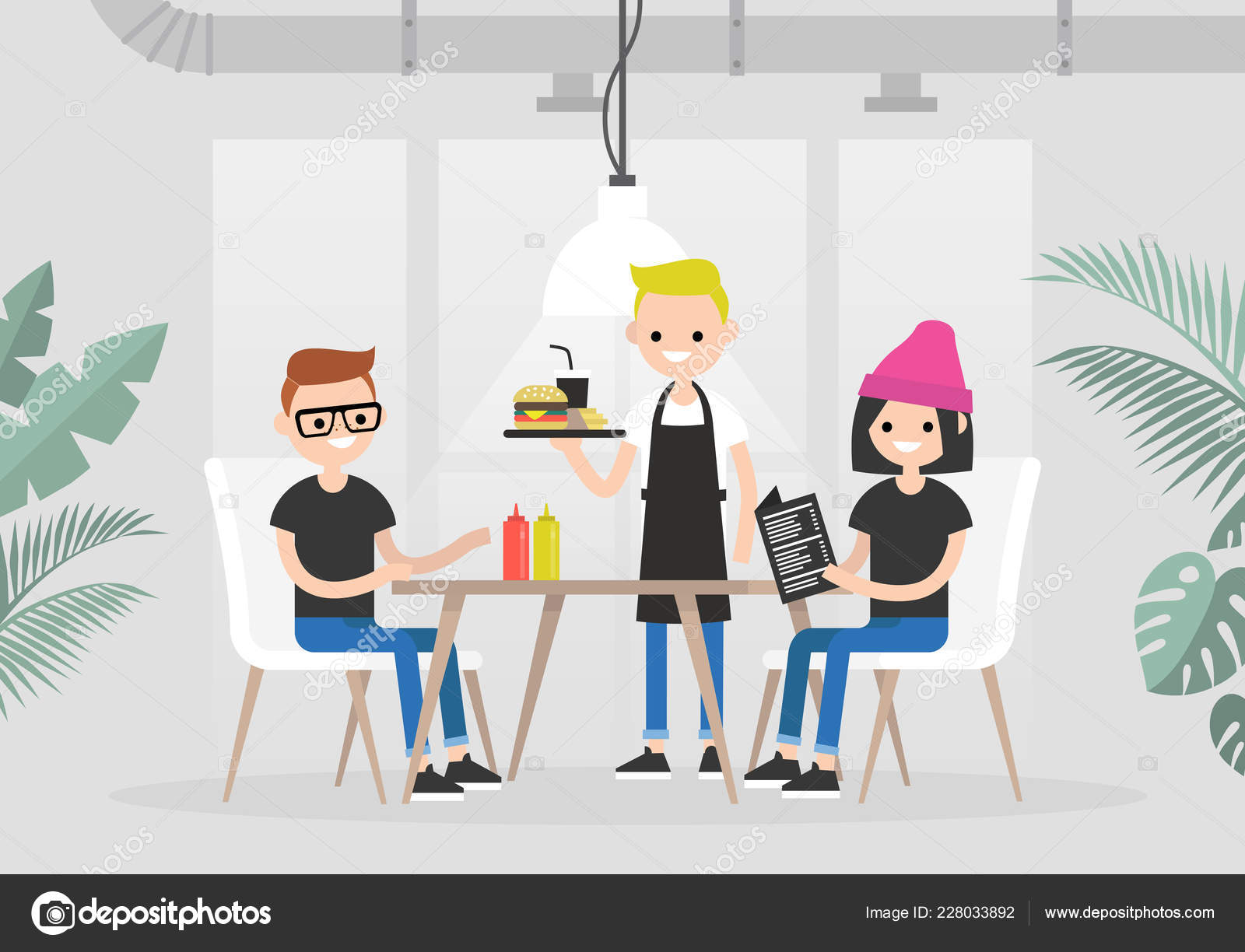 Restaurant Visitors Lunch Time Eating Together Two Young Characters Being  Stock Vector by ©nadiabormotova 228033892, image size:1600x1224