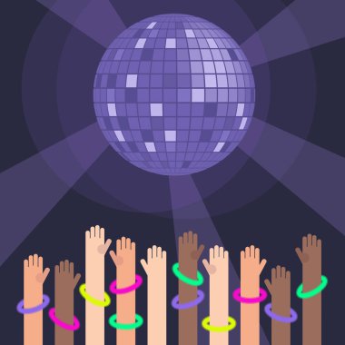 Parti insanları. Disko gece. Dans pistinde Neon Bilezik takıyor ellerini kaldırdı. Gençlerin gece kulübünde eğleniyor. Parti poster. Uzay kopyalayın. Düz vektör çizim, küçük resim