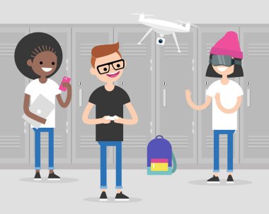 Bir grup bin yıllık öğrenci okul koridorunda araçları kullanma: akıllı telefon, laptop, dron, sanal gerçeklik kulaklık. Nesil z. öğrenciler okul koridor, ayrılırlar. Düz düzenlenebilir vektör