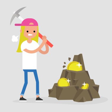 Bitcoin madencilik, kavramsal çizimi. Genç kadın karakter cryptocurrency bir kazma ile madencilik. Düz düzenlenebilir vektör çizim, küçük resim