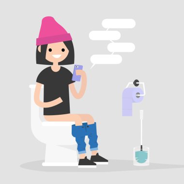 Bir tuvalette bir smartphone kullanarak genç kadın karakter. Modern alışkanlıkları. Düz düzenlenebilir vektör çizim, küçük resim