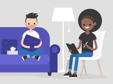 Bir psikolog doktor ziyaret genç karakter. Zihinsel sağlık. Düz illüstrasyon. Kanepede oturan ve bir yastık sarılma hasta. Genç dostça bir hastaya dinleyip notlar doktor