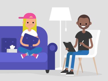 Bir psikolog doktor ziyaret genç karakter. Zihinsel sağlık. Düz illüstrasyon. Kanepede oturan ve bir yastık sarılma hasta. Genç dostça bir hastaya dinleyip notlar doktor