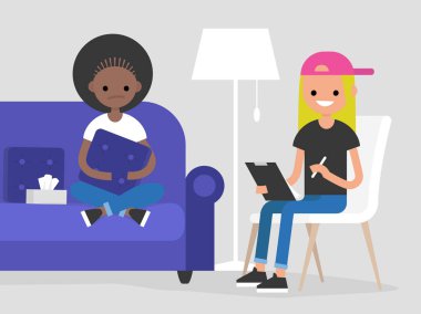 Bir psikolog doktor ziyaret genç karakter. Zihinsel sağlık. Düz illüstrasyon. Kanepede oturan ve bir yastık sarılma hasta. Genç dostça bir hastaya dinleyip notlar doktor