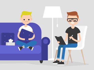 Bir psikolog doktor ziyaret genç karakter. Zihinsel sağlık. Düz illüstrasyon. Kanepede oturan ve bir yastık sarılma hasta. Genç dostça bir hastaya dinleyip notlar doktor